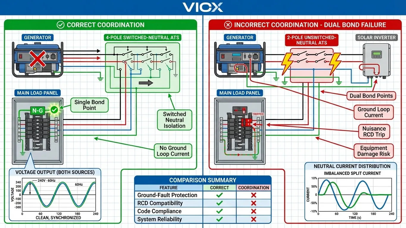 Diagrama de comparación que ilustra la conexión a tierra neutro correcta versus incorrecta en la coordinación solar-generador del ATS VIOX que muestra escenarios de falla de conexión única y doble
