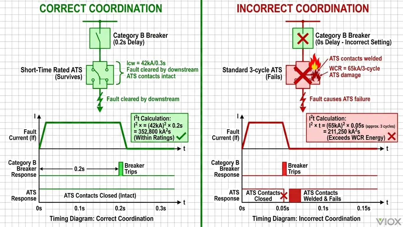 Comparison diagram illustrating correct versus incorrect ATS circuit breaker coordination scenarios