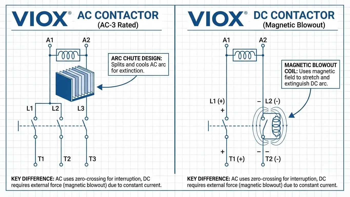 Diagram perbandingan kontaktor AC VIOX vs kontaktor DC yang menunjukkan perbedaan internal dalam penekanan busur