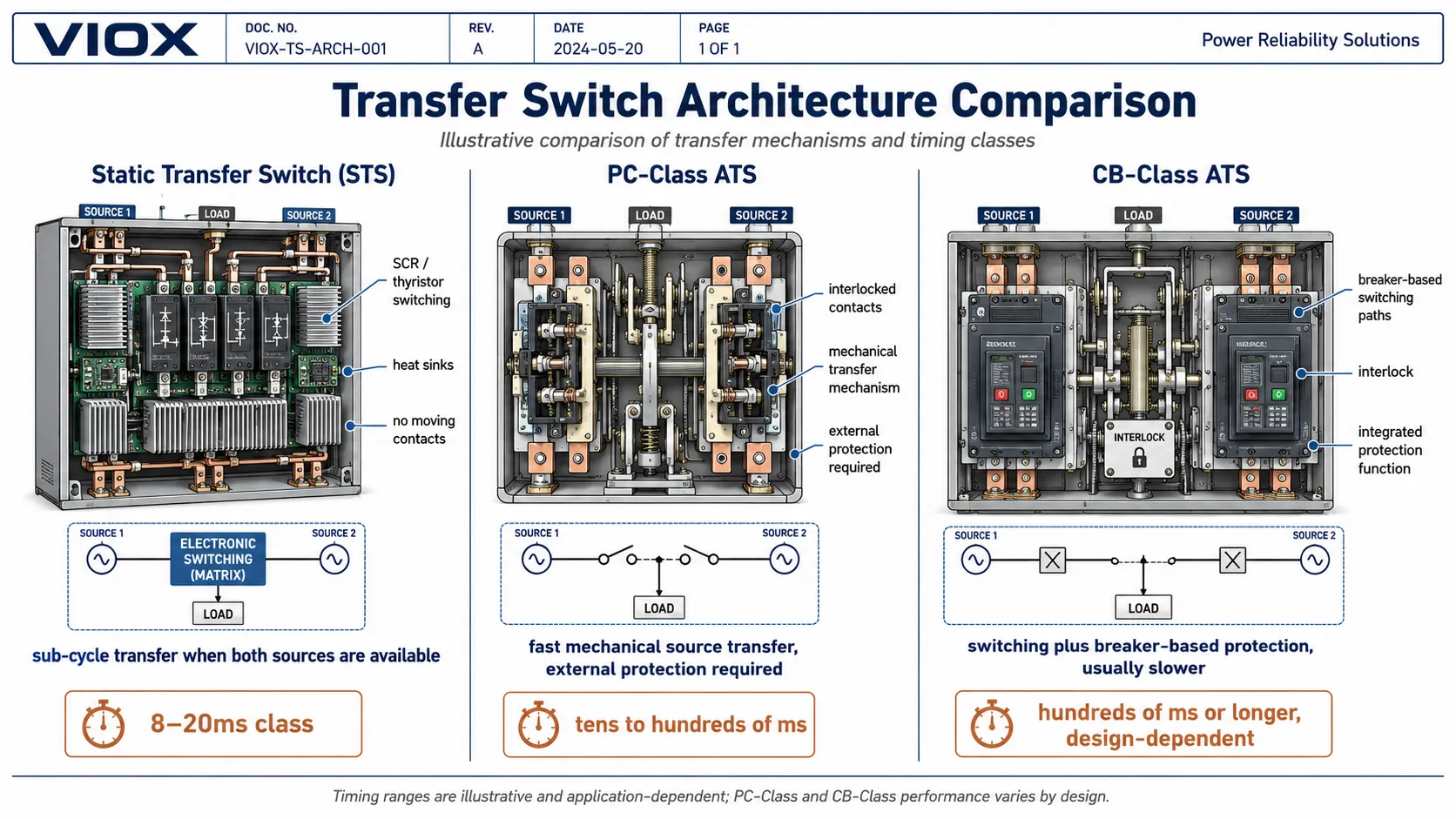 Comparison diagram of static transfer switch PC class ATS and CB class ATS showing different switching elements transfer speed ranges and protection characteristics