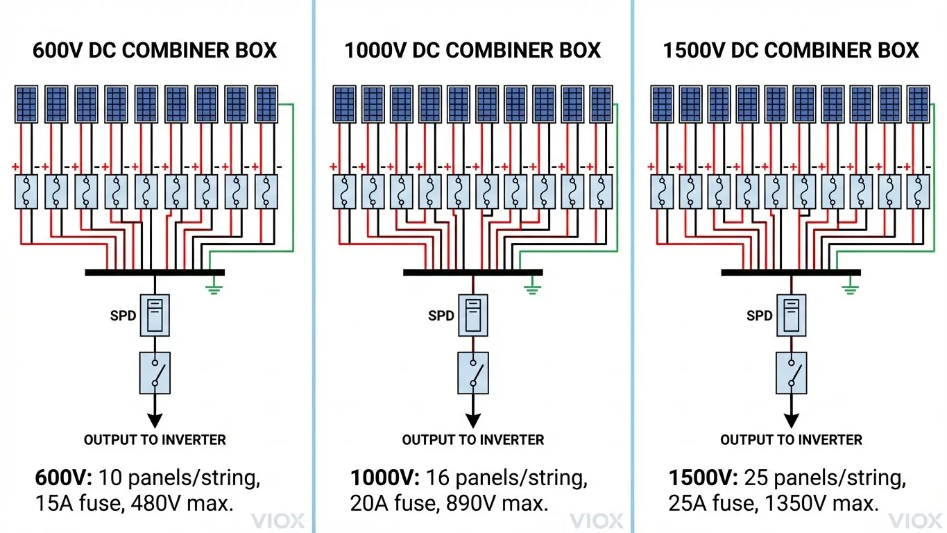 Diagrama comparativo que muestra las configuraciones de cableado de las cajas combinadoras solares de 600 V, 1000 V y 1500 V CC con especificaciones de tensión y corriente
