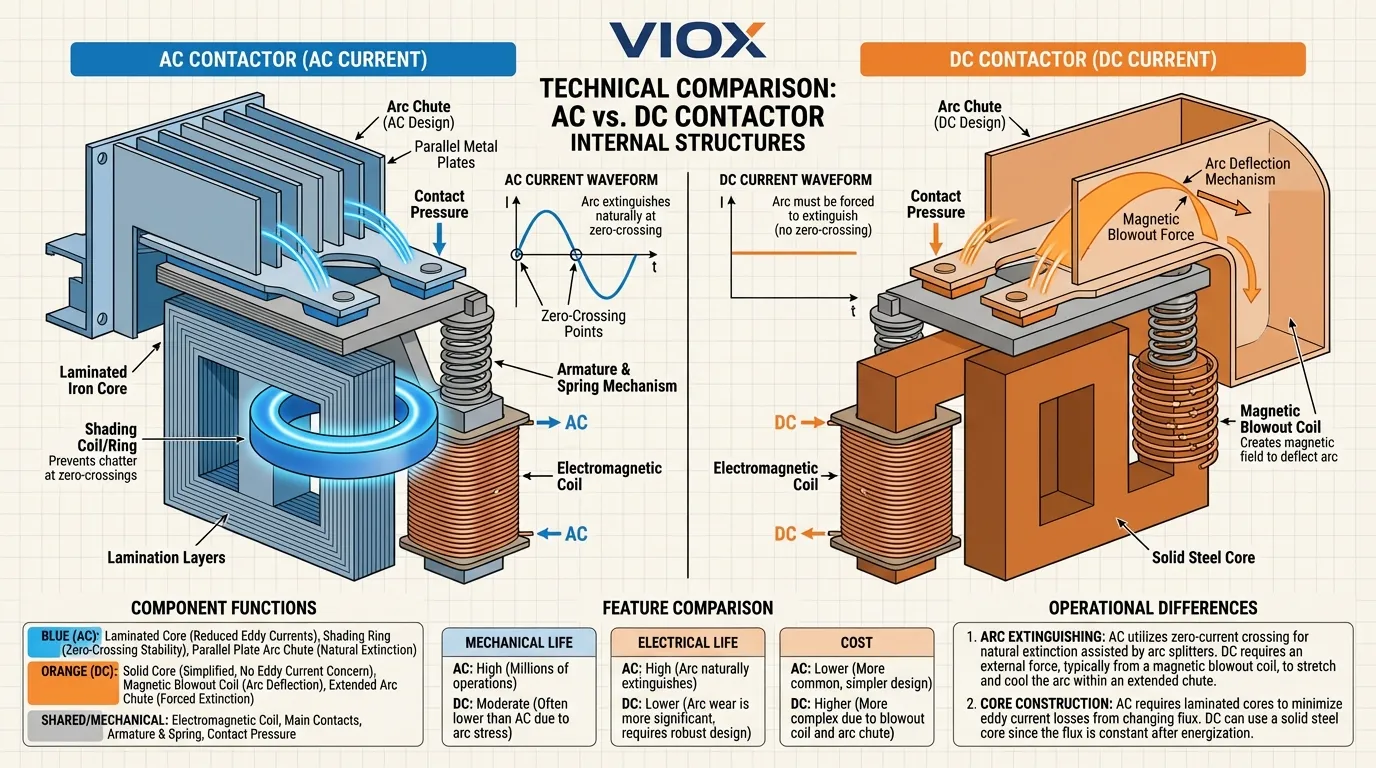 Schéma comparatif montrant un noyau feuilleté de contacteur CA avec bague de déphasage par rapport à un noyau plein de contacteur CC avec bobine d'extinction magnétique