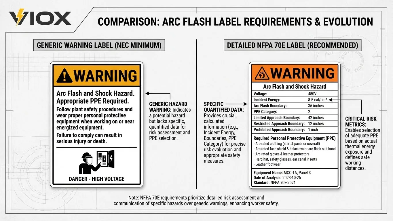 مخطط مقارنة يوضح ملصق التحذير العام NEC مقابل متطلبات ملصق وميض القوس الكهربائي التفصيلي NFPA 70E