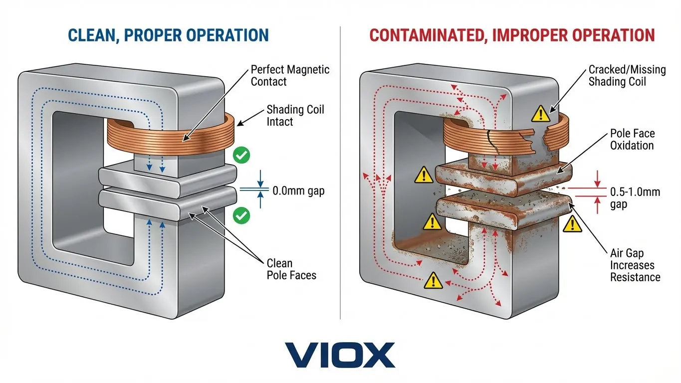 Comparison diagram showing clean versus contaminated contactor pole faces affecting magnetic circuit - VIOX troubleshooting guide