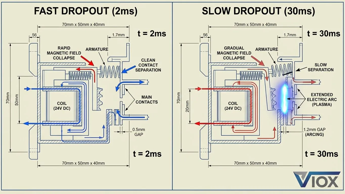 Διάγραμμα σύγκρισης που δείχνει τη γρήγορη έναντι της αργής αποσύνδεσης του επαφέα και την προκύπτουσα διάρκεια τόξου