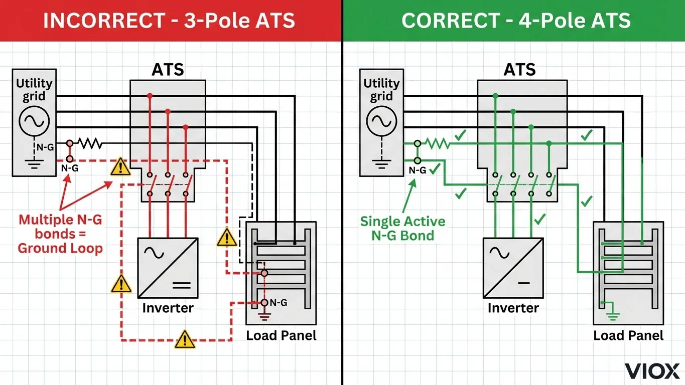 Diagrama de comparación que muestra el bucle de tierra incorrecto del ATS de 3 polos frente a la configuración correcta de conmutación de neutro del ATS de 4 polos