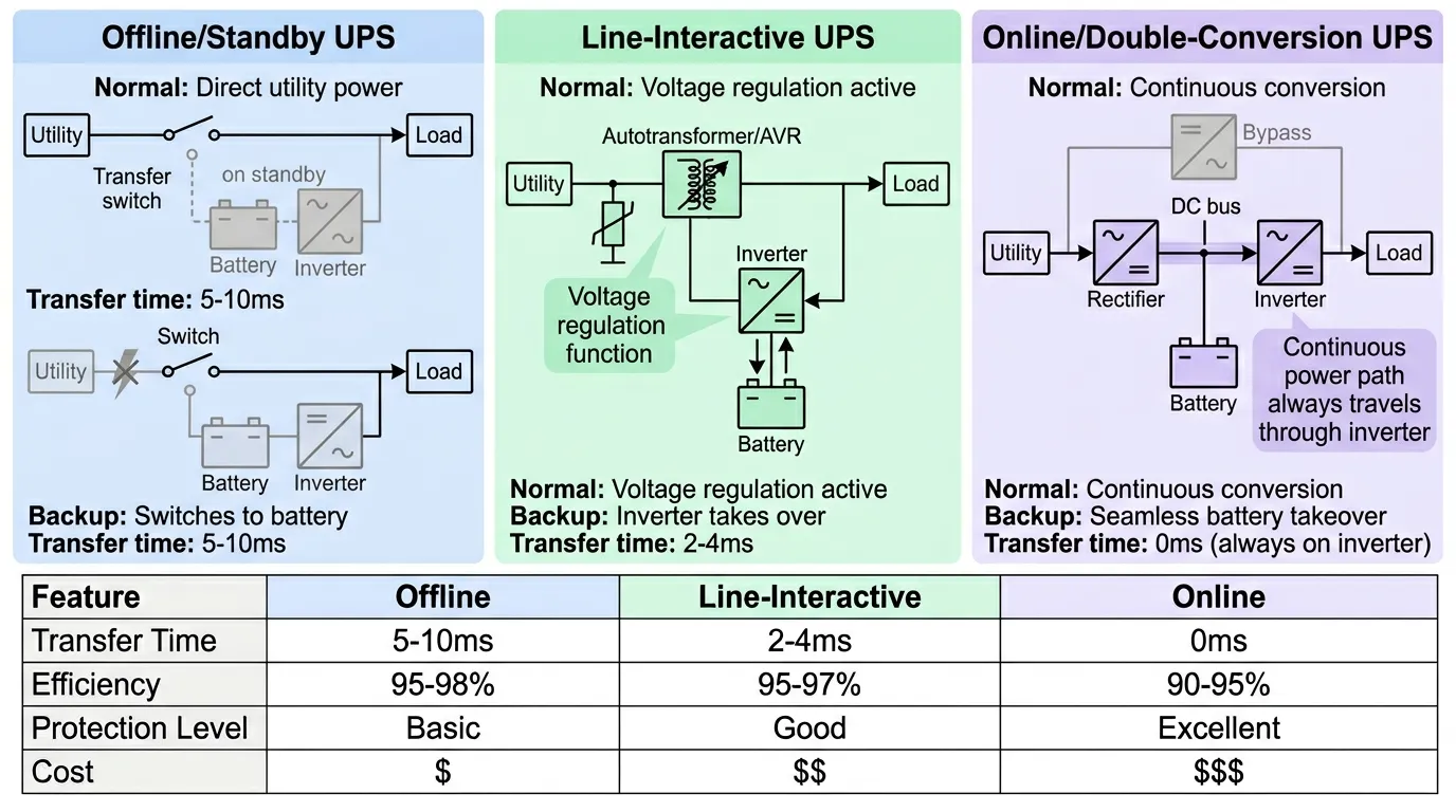 Comparison diagram showing offline, line-interactive, and online UPS architectures with power flow paths