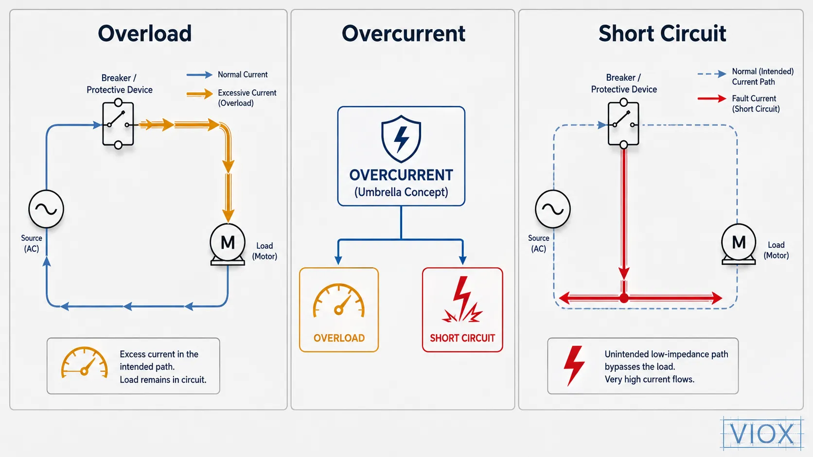 Comparison diagram showing overload, overcurrent, and short circuit current paths.