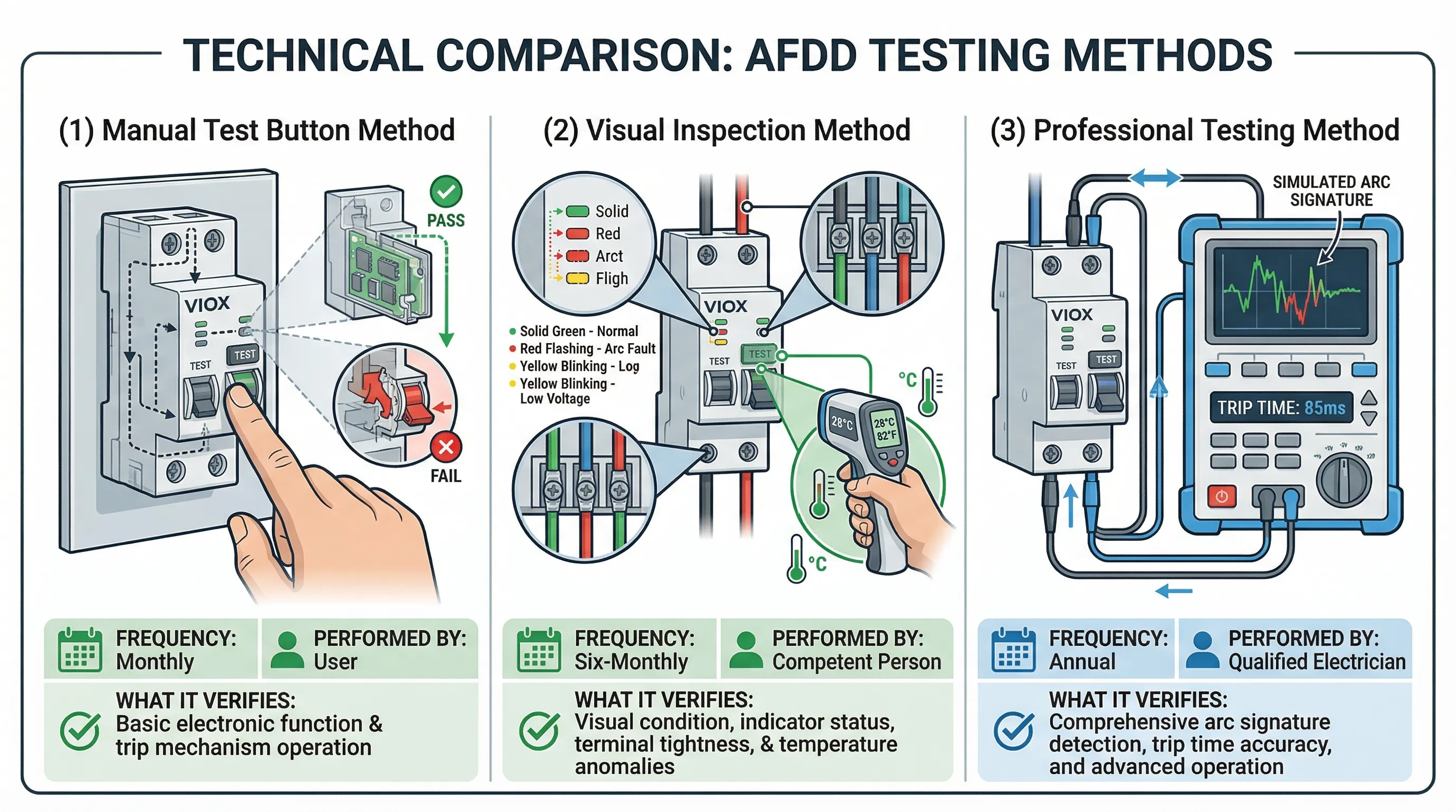 Vergleichsdiagramm, das drei AFDD-Prüfmethoden zeigt - manueller Testtaster, Sichtprüfung und professionelle Störlichtbogen-Simulationsprüfung