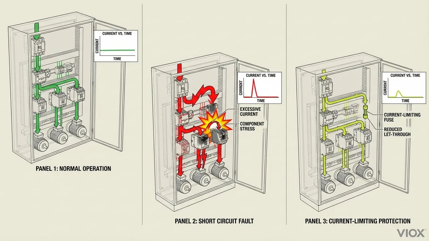 رسم توضيحي للمقارنة يوضح التشغيل العادي وحالة العطل والحماية ذات الحد الحالي في لوحات التحكم الصناعية مع اعتبارات SCCR