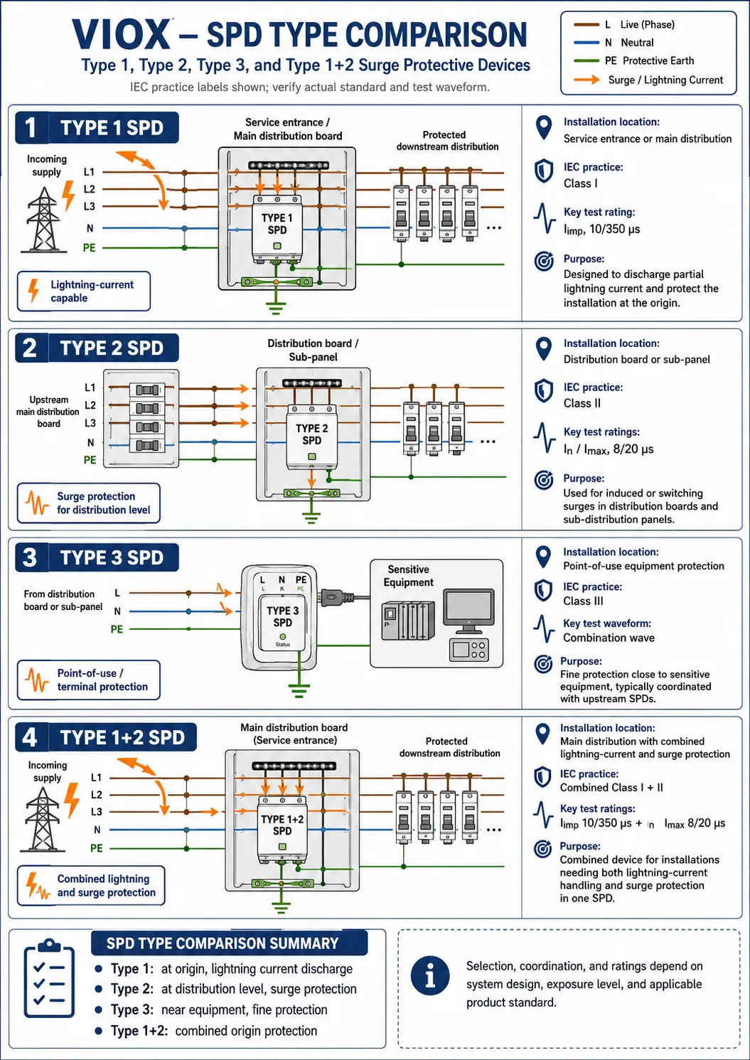 Comparison infographic of Type 1 Type 2 Type 3 and Type 1+2 SPDs with IEC class installation location and key surge current ratings