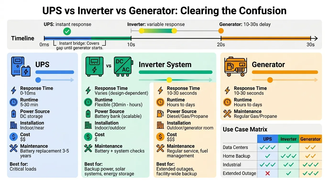 Comparison infographic showing UPS, inverter, and generator differences in response time, runtime, and applications