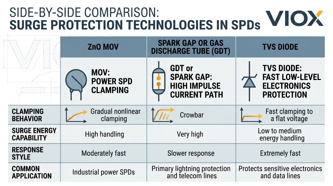 Comparison infographic showing ZnO MOV, GDT or spark gap, and TVS diode surge protection technologies used in SPDs