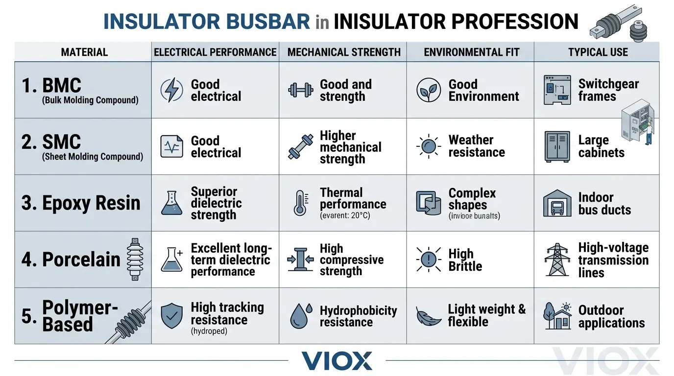 Infographic ប្រៀបធៀបដែលបង្ហាញពីវត្ថុធាតុដើមអ៊ីសូឡង់ busbar ទូទៅ និងកម្មវិធីរបស់វា។