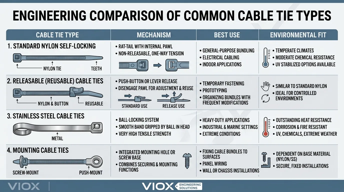 Comparison infographic showing common cable tie types, mechanisms, best uses, and environmental fits