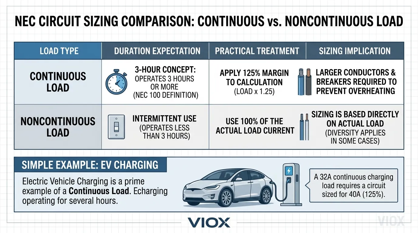 Comparison infographic showing continuous load versus noncontinuous load for NEC sizing