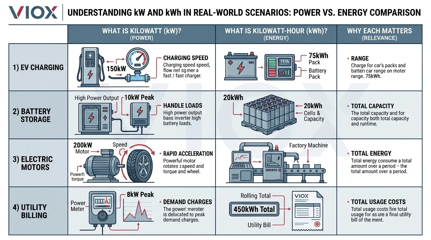 Comparison infographic showing how kW and kWh are used in EV charging, motors, batteries, and electricity billing