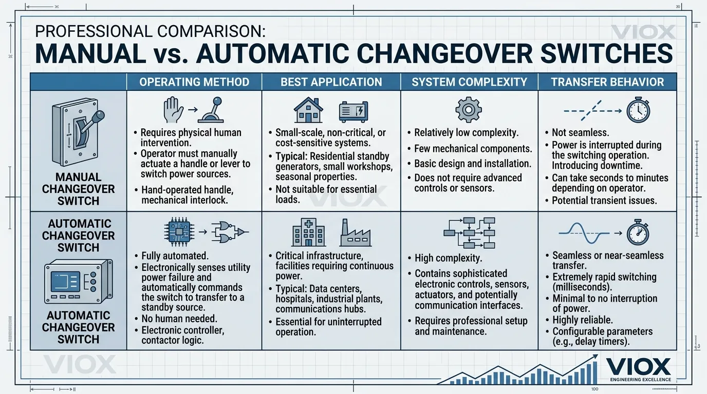 Srovnávací infografika podrobně popisující strukturální a provozní rozdíly mezi manuálními a automatickými přepínači
