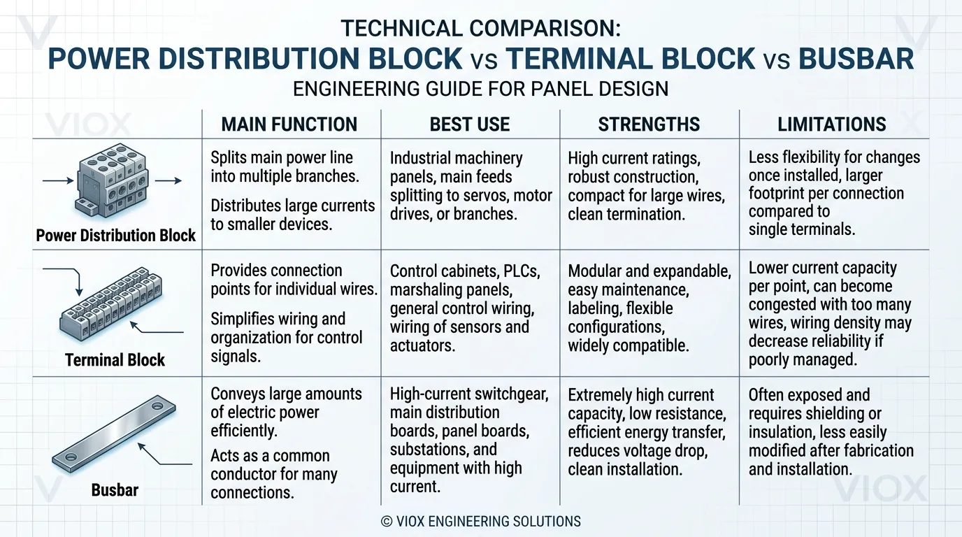 Vergleichende Infografik, die Stromverteilerblock versus Reihenklemme versus Sammelschiene zeigt