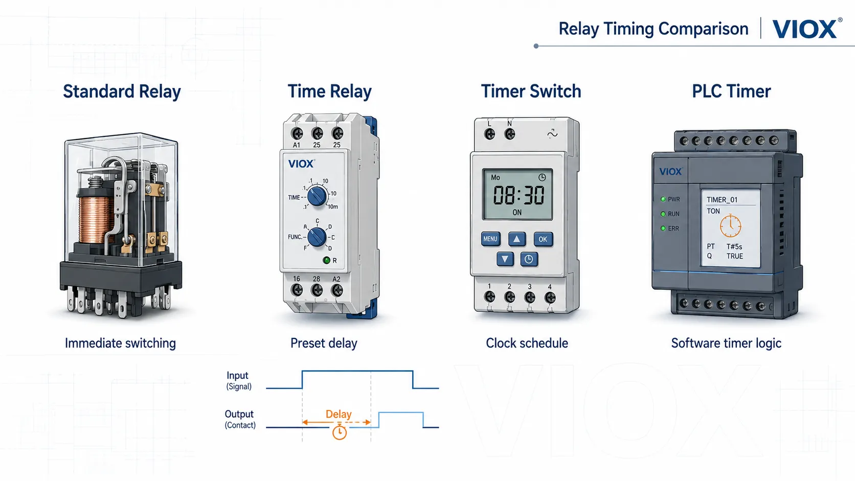 Comparison infographic showing standard relay, time relay, timer switch, and PLC timer functions for industrial timing control