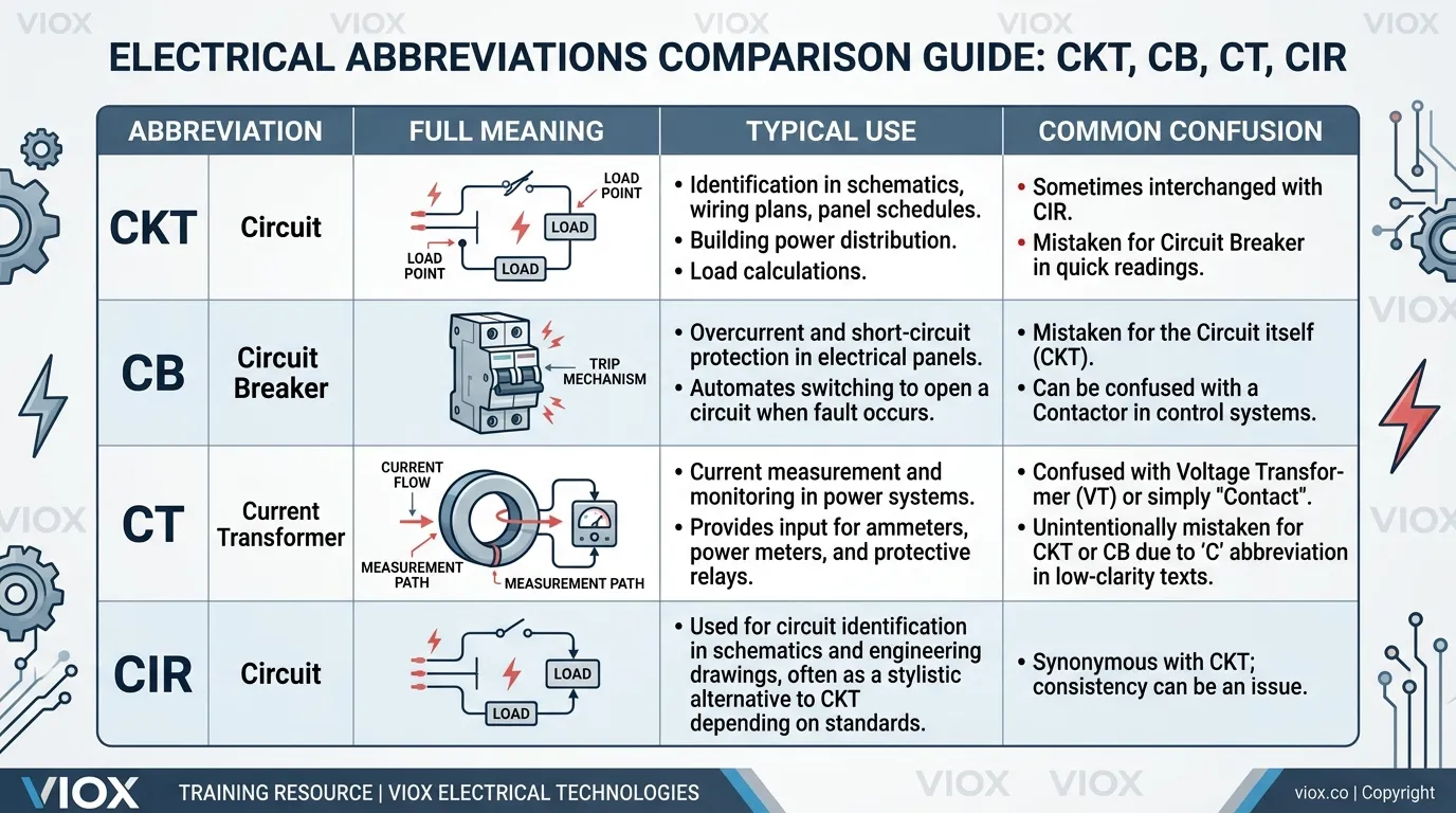 Infografica comparativa che mostra la differenza tra CKT, CB, CT e CIR nella notazione elettrica.
