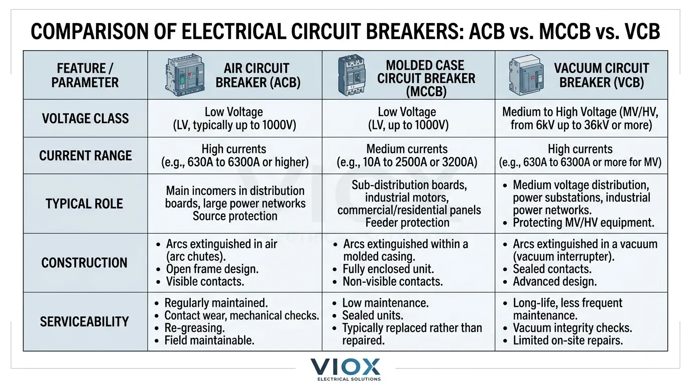 Comparison infographic showing the differences between ACB, MCCB, and VCB