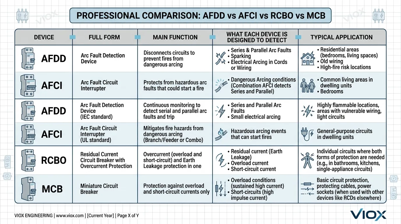 Infografica comparativa che mostra le differenze tra AFDD, AFCI, RCBO e MCB
