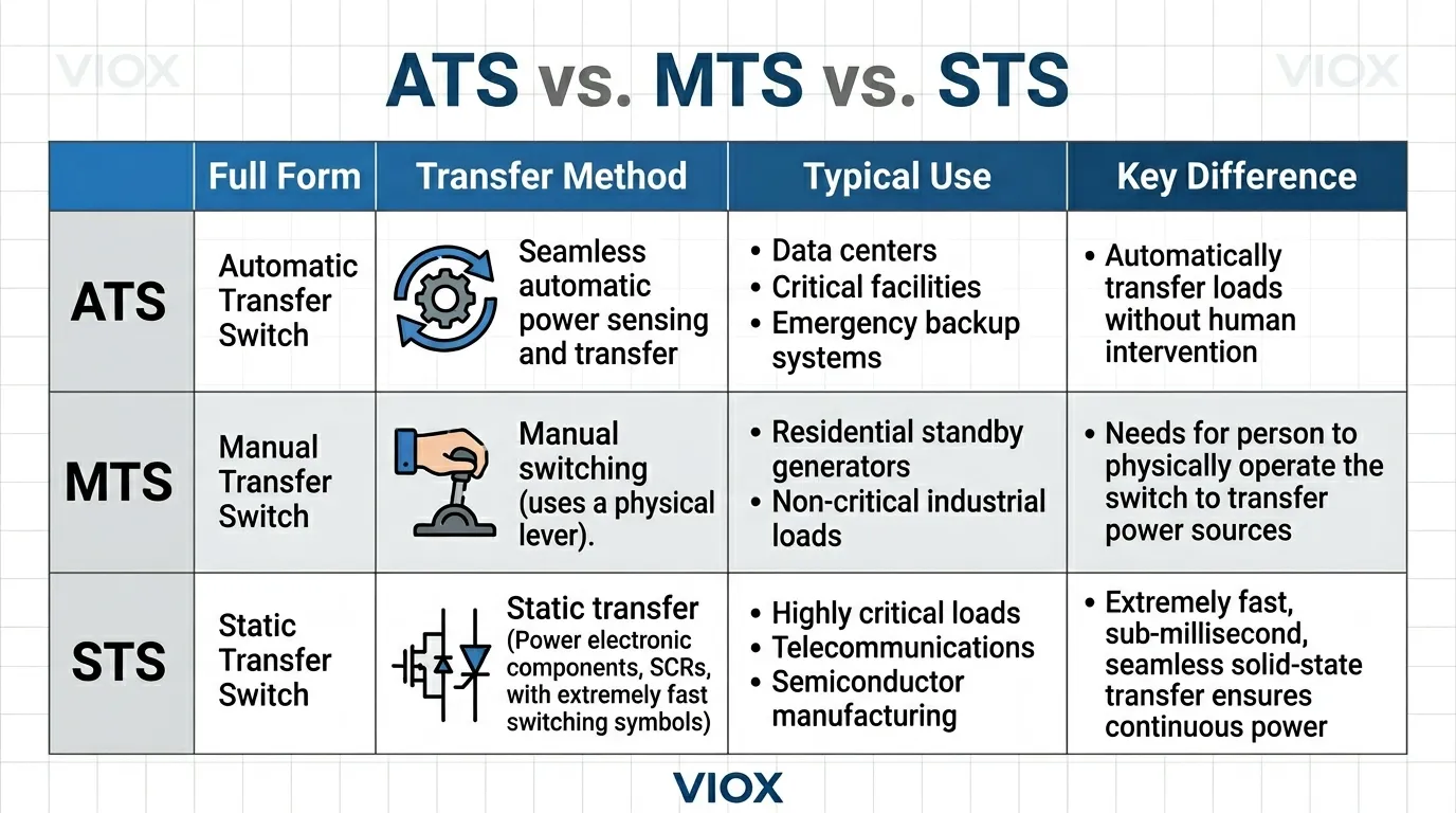 Tabella comparativa che illustra in dettaglio le differenze nei metodi di trasferimento, negli usi tipici e nelle caratteristiche principali tra ATS (commutatore automatico di trasferimento), MTS (commutatore manuale di trasferimento) e STS (commutatore statico di trasferimento).
