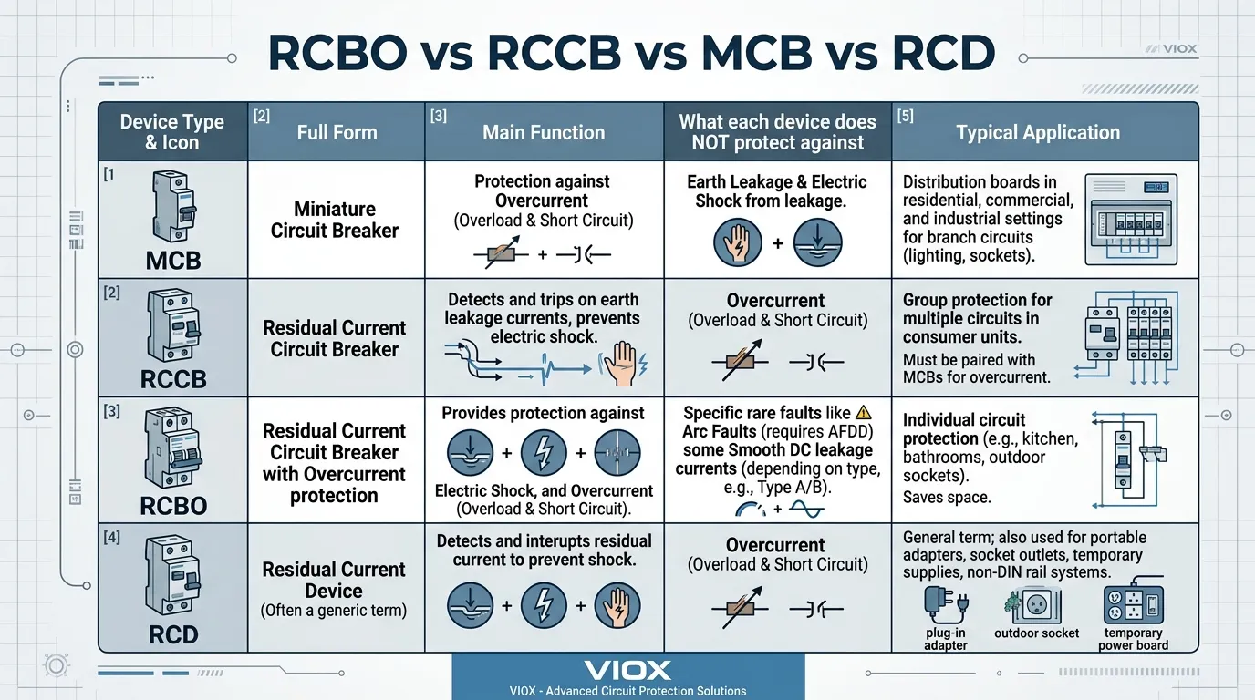 Tabella comparativa che illustra in dettaglio le differenze tra i dispositivi RCBO, RCCB, MCB e RCD
