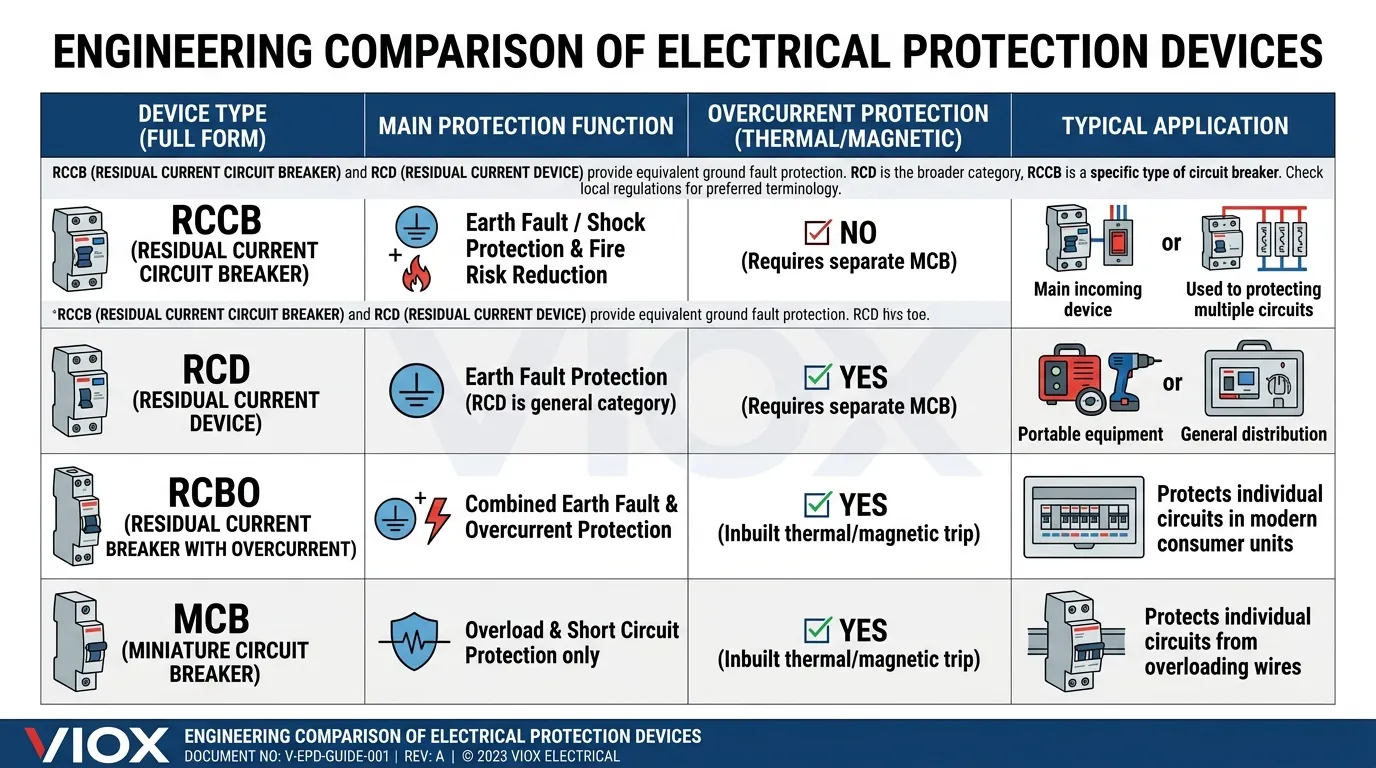 Infografía comparativa que muestra las diferencias entre RCCB, RCD, RCBO y MCB