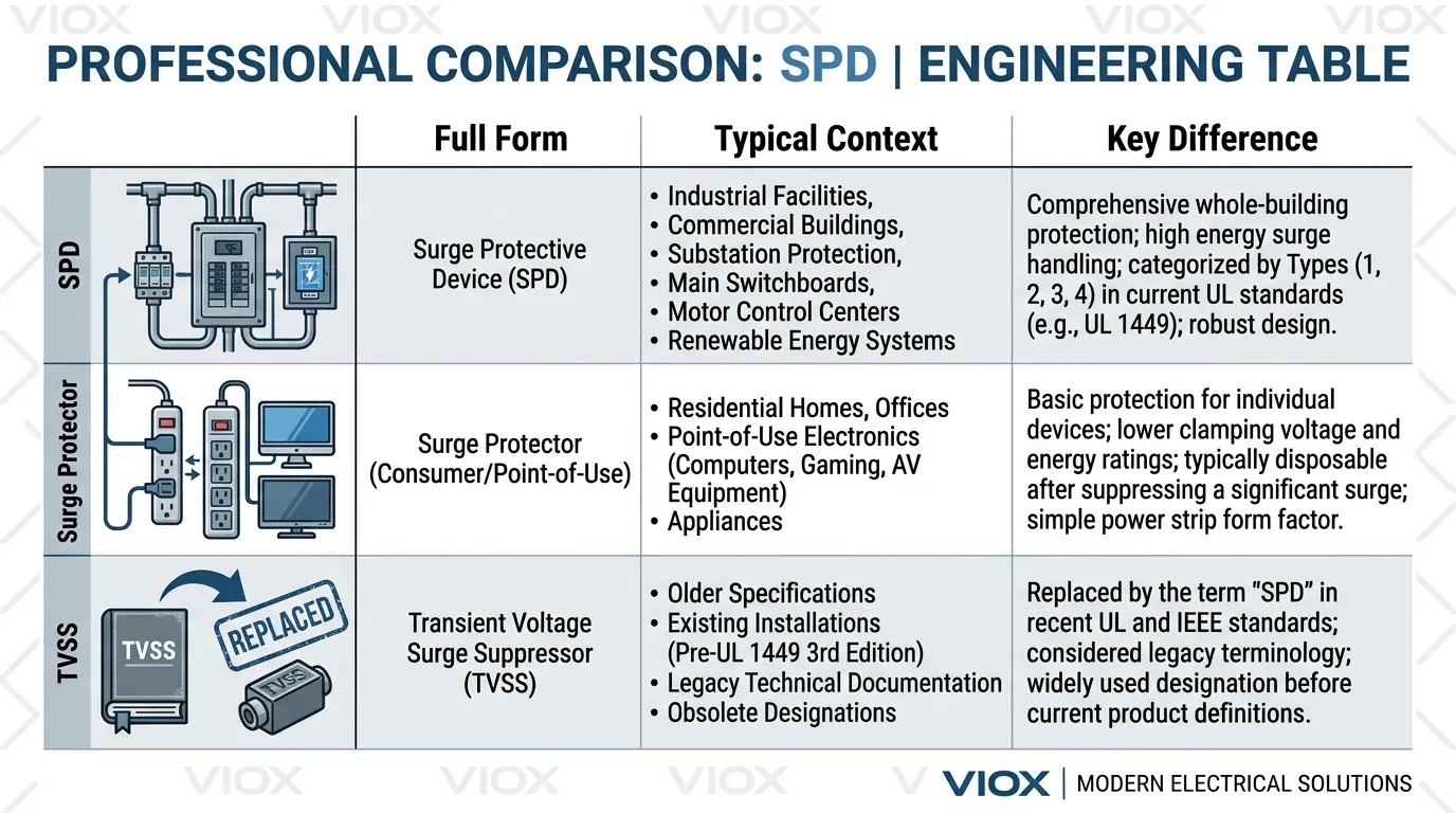 Infografica professionale di tabella comparativa che mostra le principali differenze tra un SPD, un limitatore di sovratensione per consumatori e un TVSS