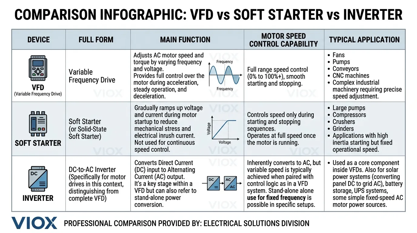 ອິນໂຟກຣາຟິກປຽບທຽບທີ່ສະແດງໃຫ້ເຫັນຄວາມແຕກຕ່າງລະຫວ່າງ VFD, soft starter, ແລະ inverter