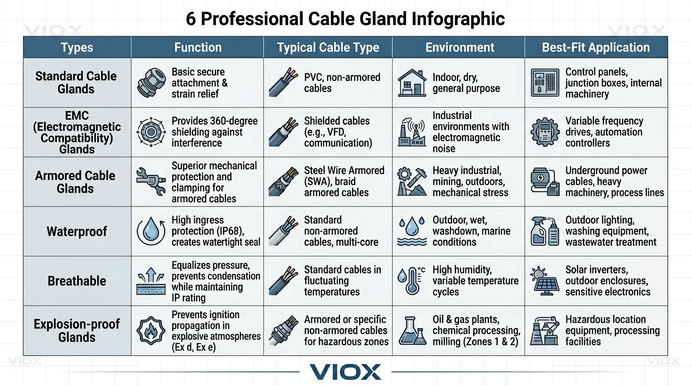 6 profesyonel kablo rakoru türünü, işlevlerini, tipik kabloları, ortamları ve uygulamaları gösteren karşılaştırma tablosu infografiği