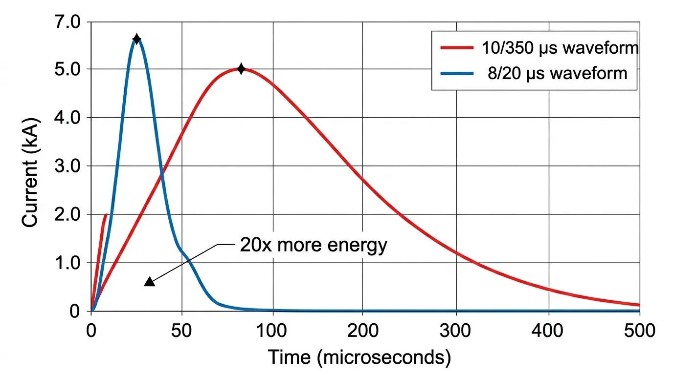 A 10/350 mikroszekundumos és a 8/20 mikroszekundumos túlfeszültség-hullámformák összehasonlítása, amely bemutatja az 1. és 2. típusú SPD tesztelése közötti energia különbséget