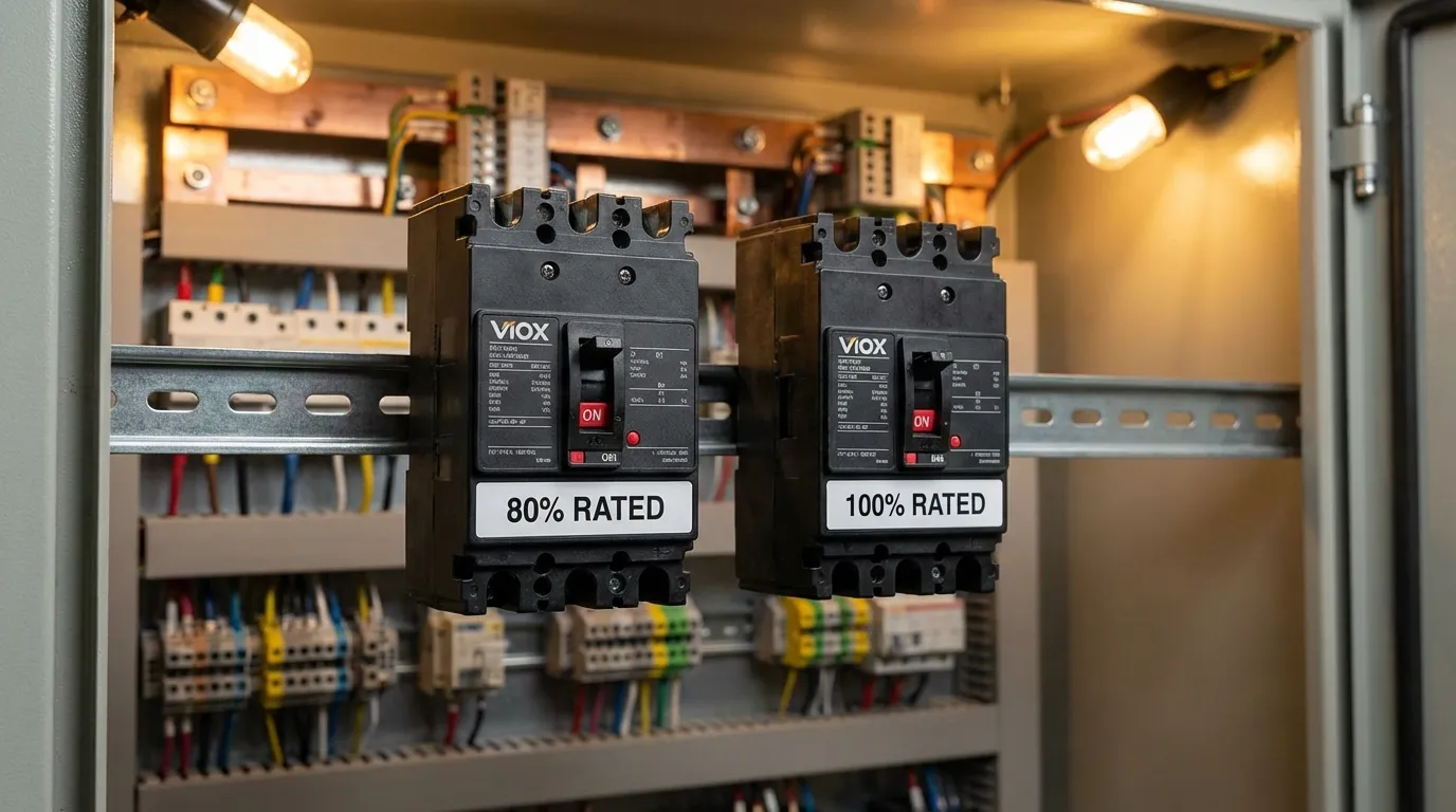 مقایسه قطع کنندههای مدار قالبگیری شده VIOX با رتبه 80% و 100% که در پانل الکتریکی نصب شدهاند