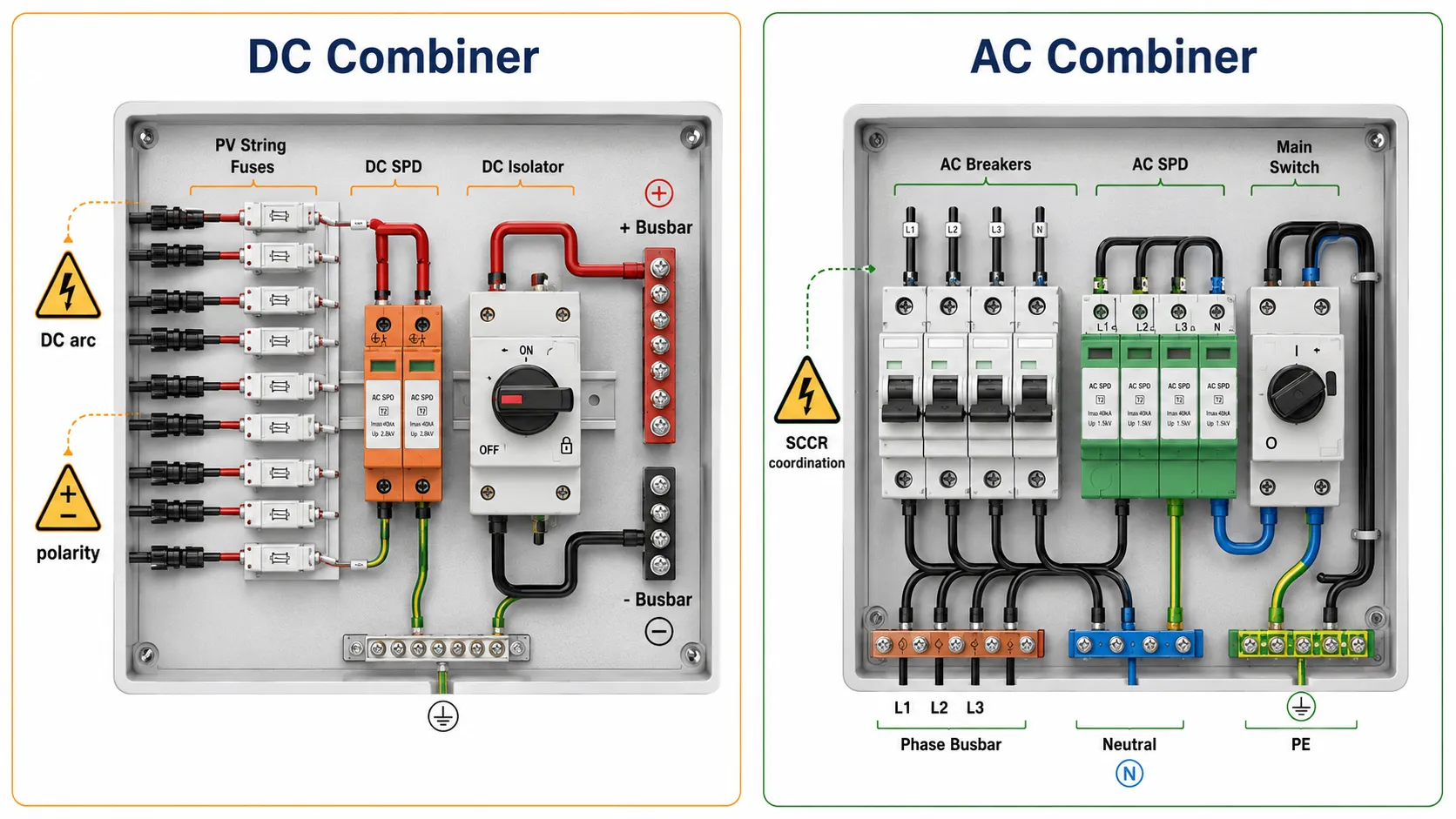 Comparison of DC combiner protection and AC combiner protection in solar PV systems.