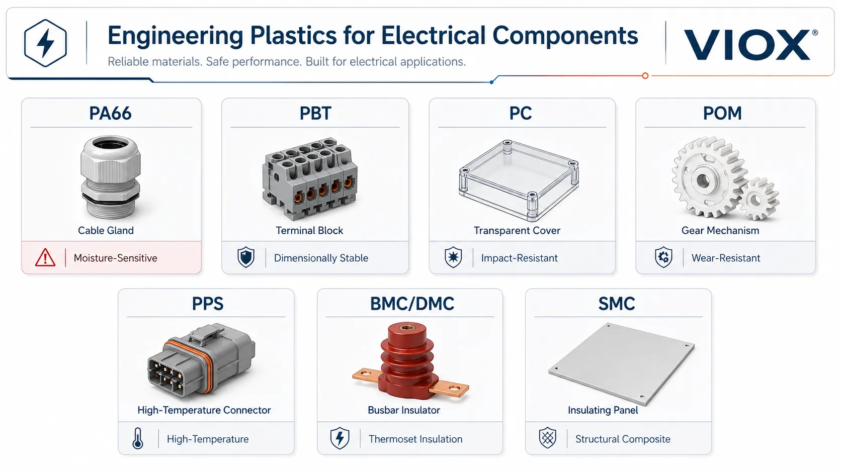 Comparison of PA66 PBT PC POM PPS BMC and SMC engineering plastics for electrical components