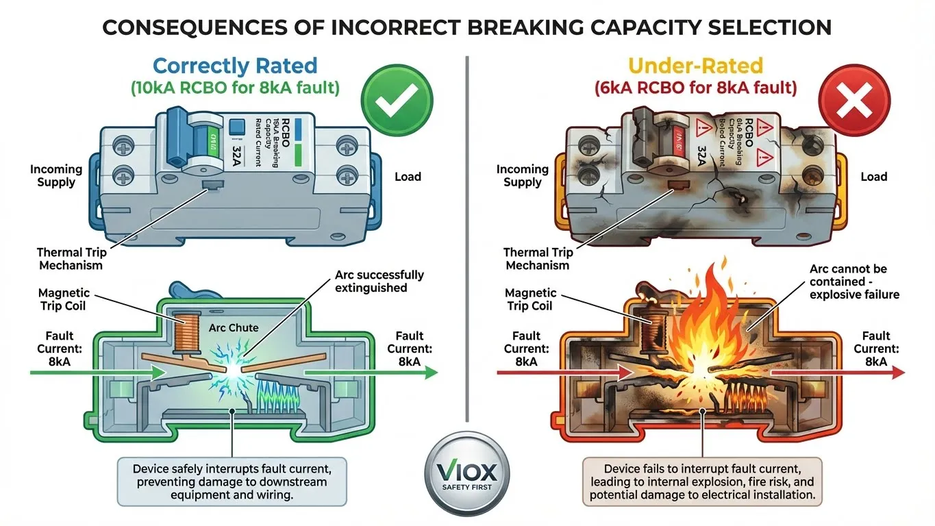 Az RCBO teljesítményének összehasonlítása, amely sikeres hibaelhárítást mutat a megfelelő 10 kA-es névleges értékkel szemben, szemben az alulméretezett 6 kA-es névleges értékkel való katasztrofális meghibásodással
