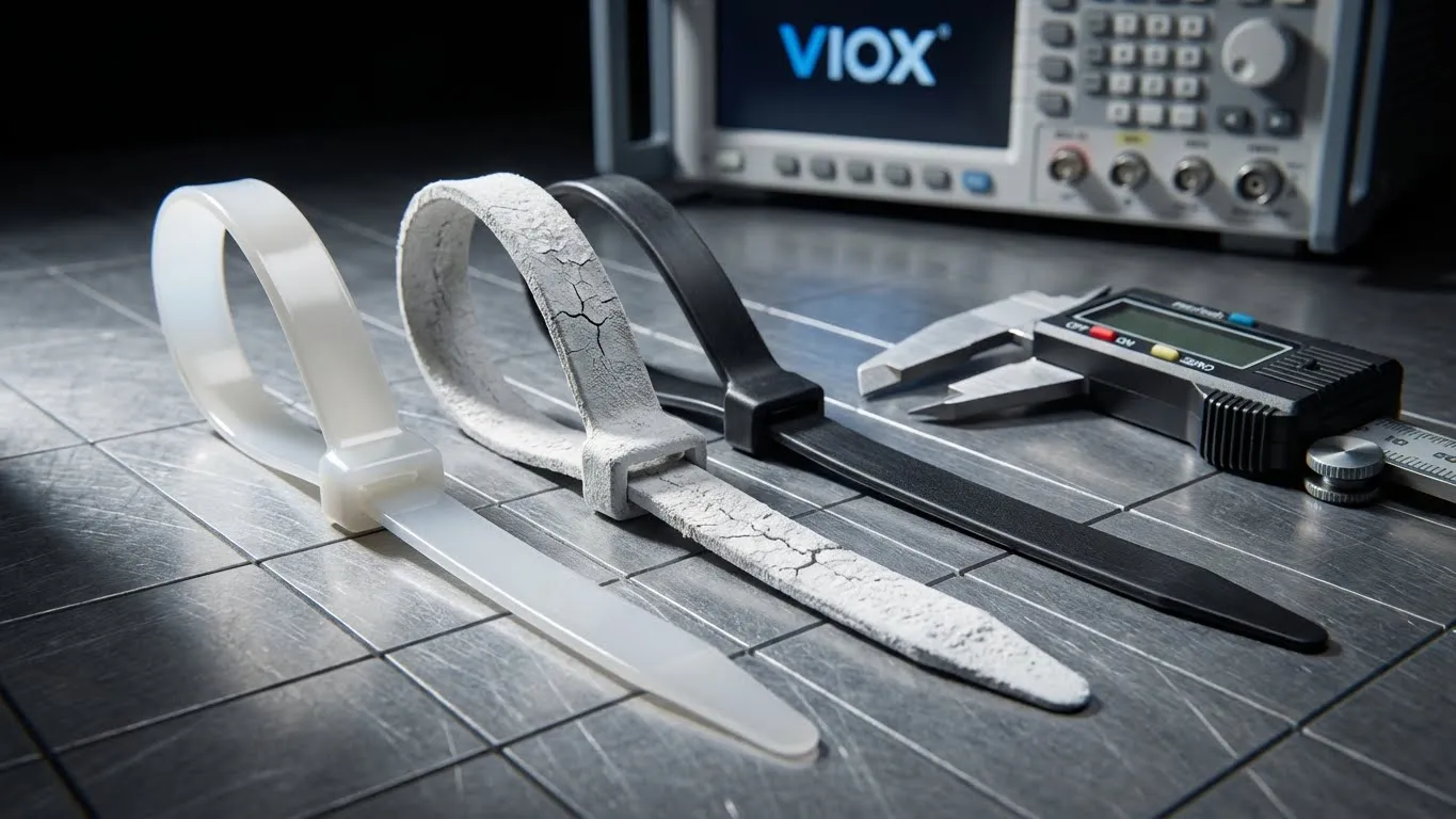 Srovnání bílých stahovacích pásek degradovaných UV zářením versus stahovacích pásek z karbonové černi ukazující povrchové praskání