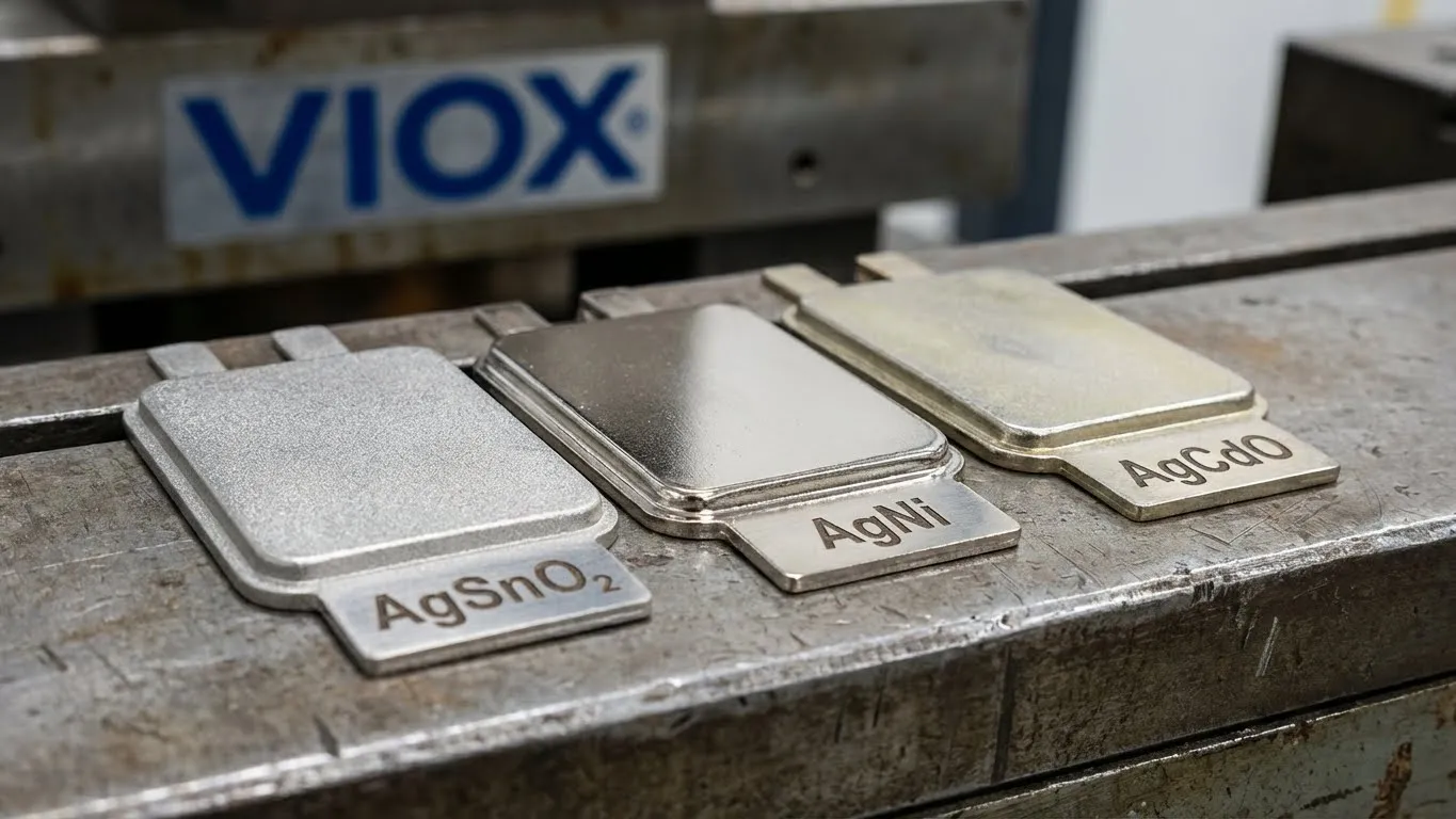 Comparación de los materiales de contacto del contactor VIOX AgSnO2, AgNi y AgCdO que muestran diferencias de textura y color de la superficie