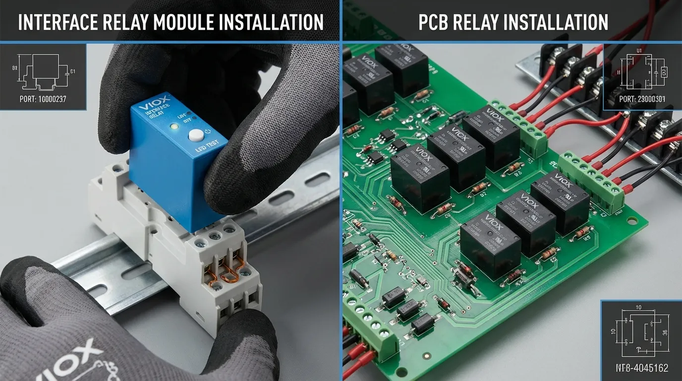 Comparison of VIOX interface relay module plug-in installation versus traditional PCB relay soldered assembly in control panels