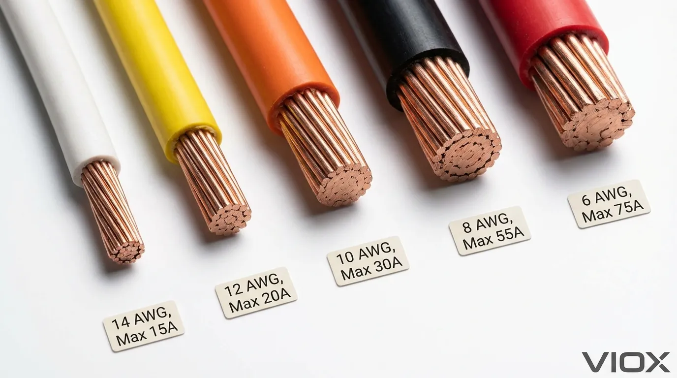 Comparison of copper wire gauge sizes from 14 AWG to 6 AWG showing cross-sectional area differences and ampacity ratings for circuit breaker coordination