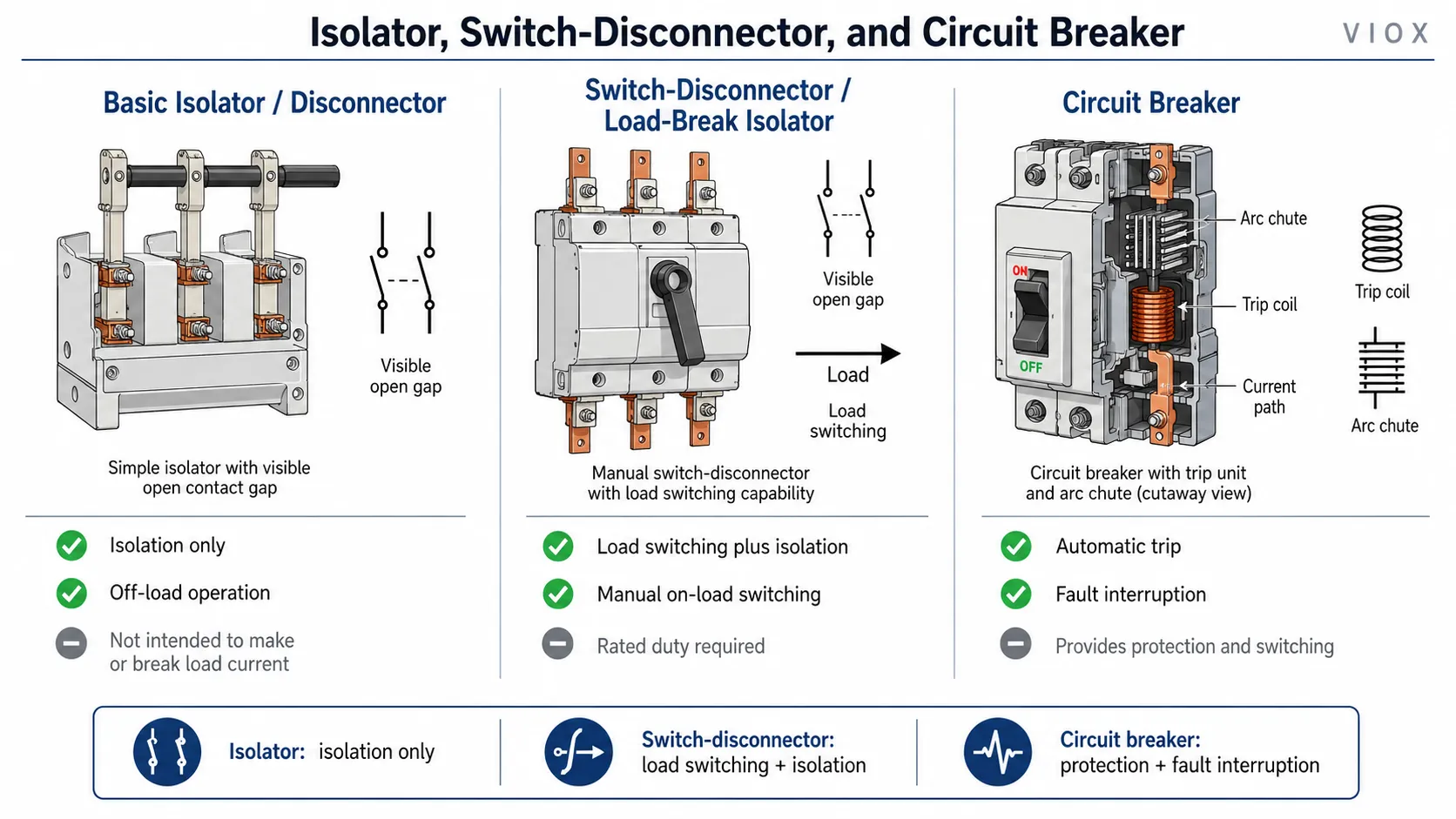 Comparison of isolator switch disconnector and circuit breaker showing load switching and protection differences