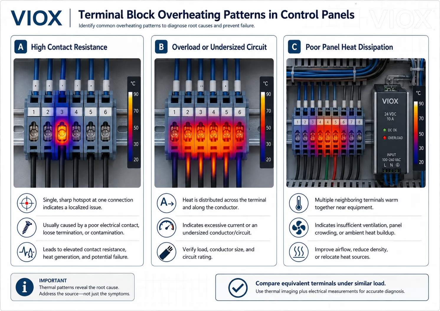 Comparison of localized uniform and environment related terminal block overheating patterns in control panels
