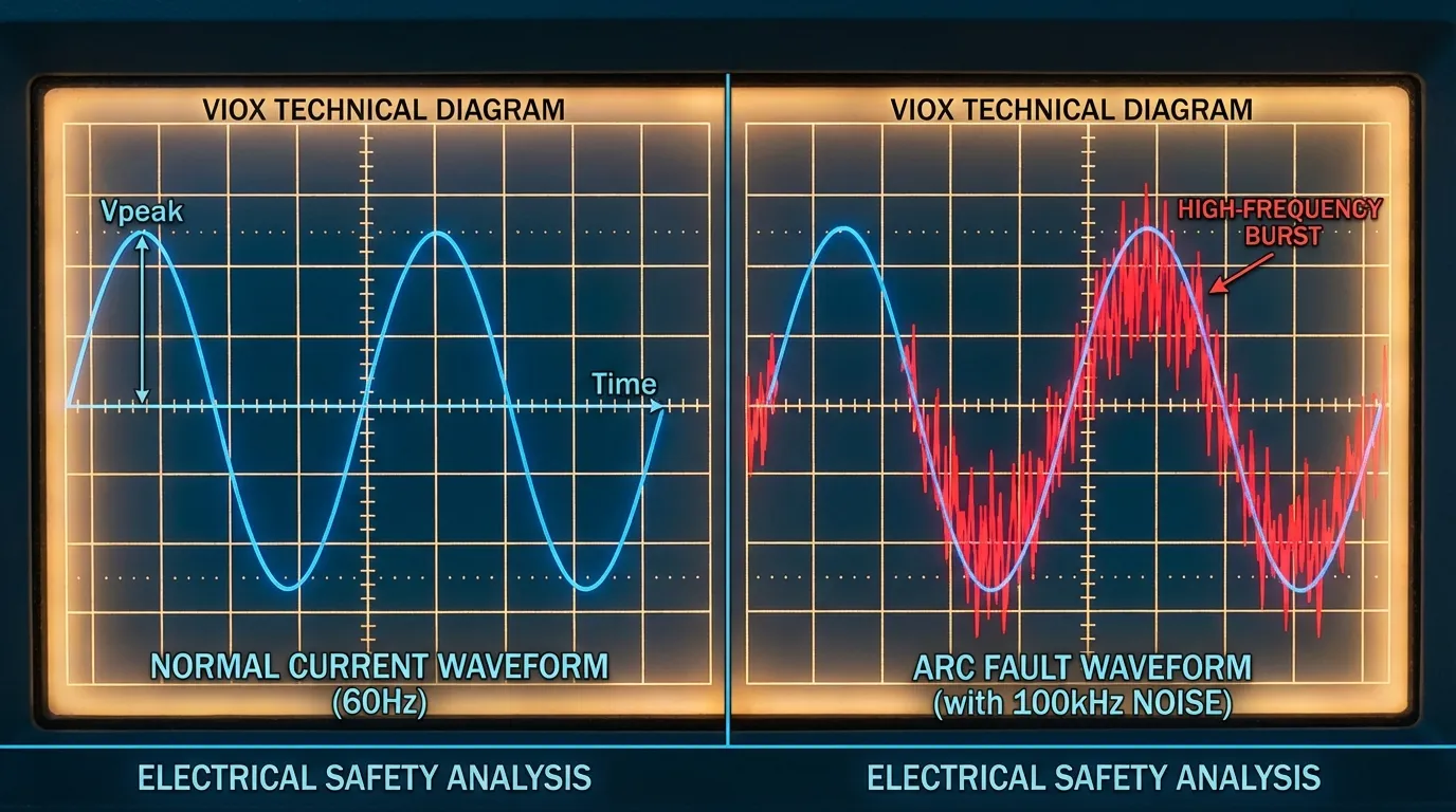 AFDDによって検出された通常電流波形とアーク故障シグネチャの比較