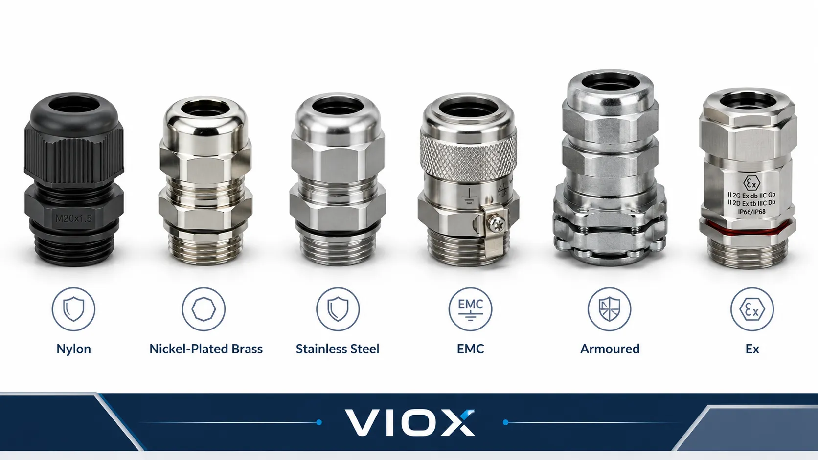 Comparison of nylon, brass, stainless steel, EMC, armoured, and Ex cable gland types.