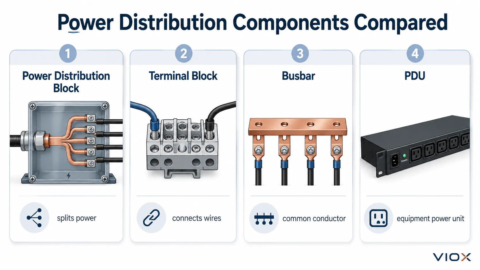 Comparison of power distribution block terminal block busbar and PDU functions