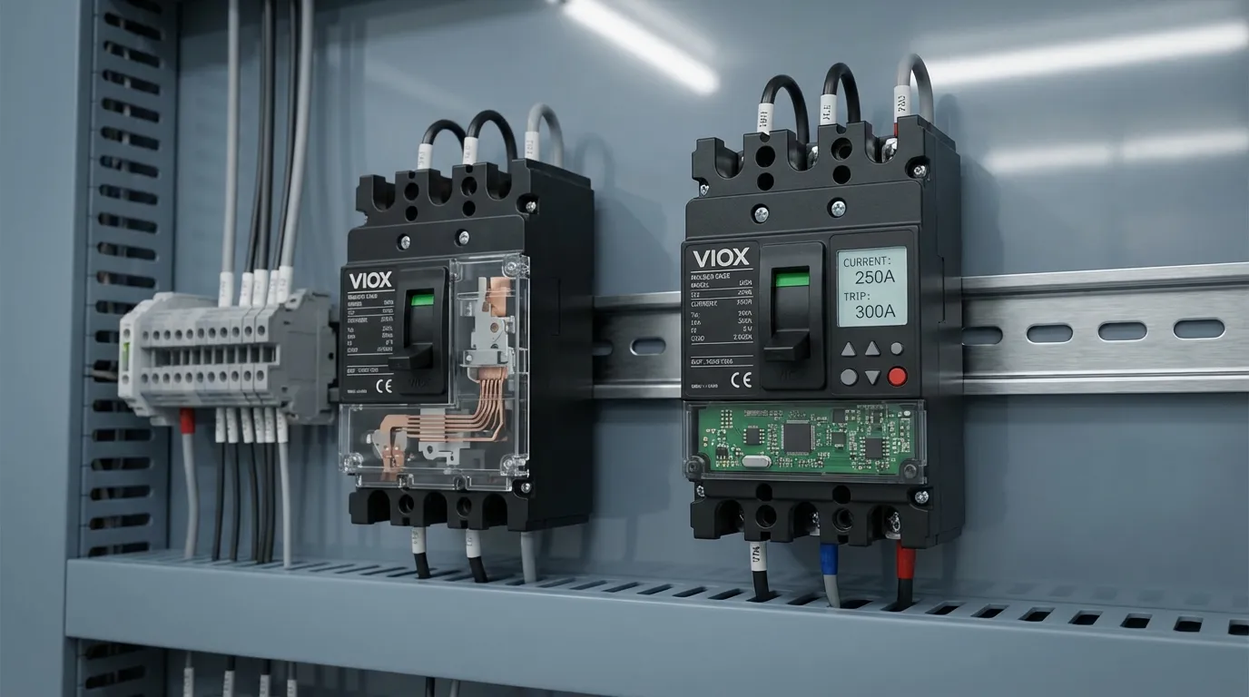 VIOX 브랜딩이 있는 산업용 전기 패널의 내부 메커니즘을 보여주는 열동-전자식 및 전자식 MCCB 트립 장치 비교