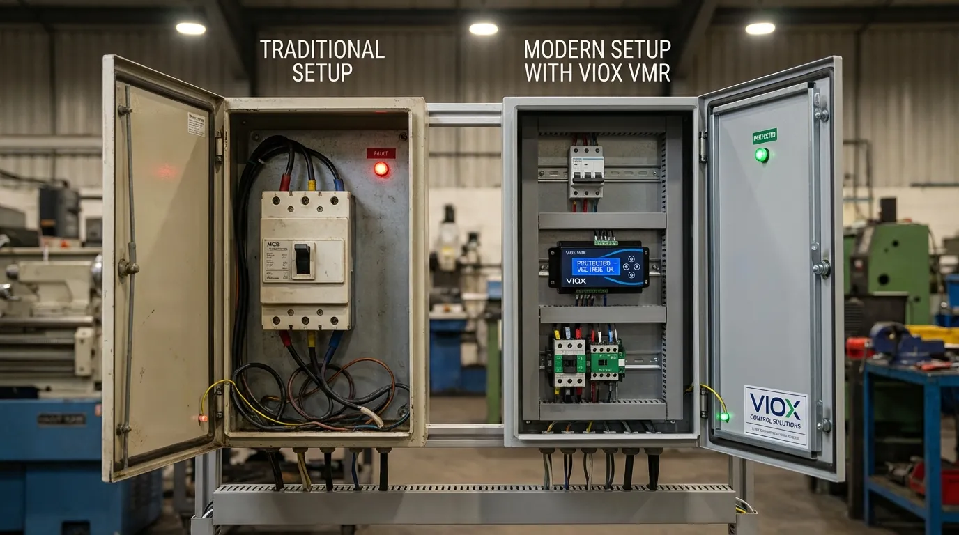 A hagyományos, csak MCB-vel ellátott motorvédelem és az átfogó MCB plusz VIOX feszültségfigyelő relé védelmi rendszer összehasonlítása