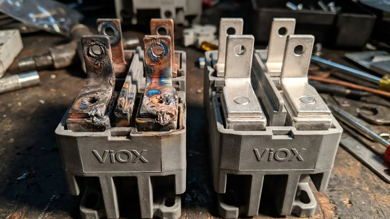 Comparaison des contacts de contacteur VIOX usés et neufs montrant des piqûres et des dommages de brûlure nécessitant un remplacement